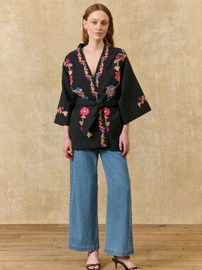 Black Embroidered Floral Kimono Jacket with Belt